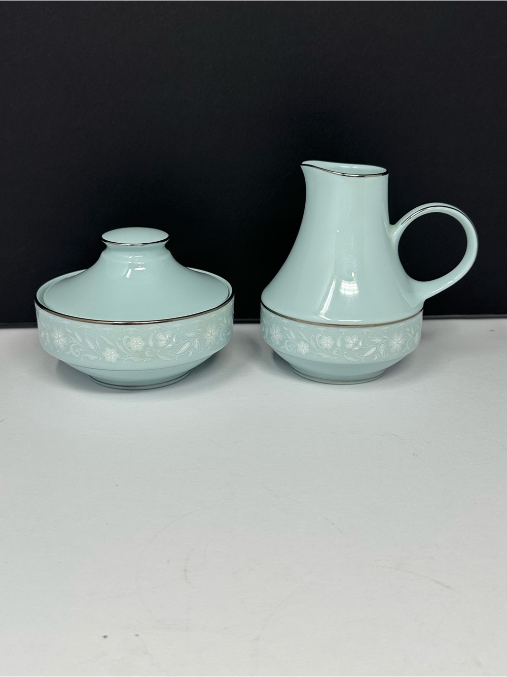 Vintage Noritake Love Song Creamer and Sugar Bowl Blue Floral Silver Trim T1